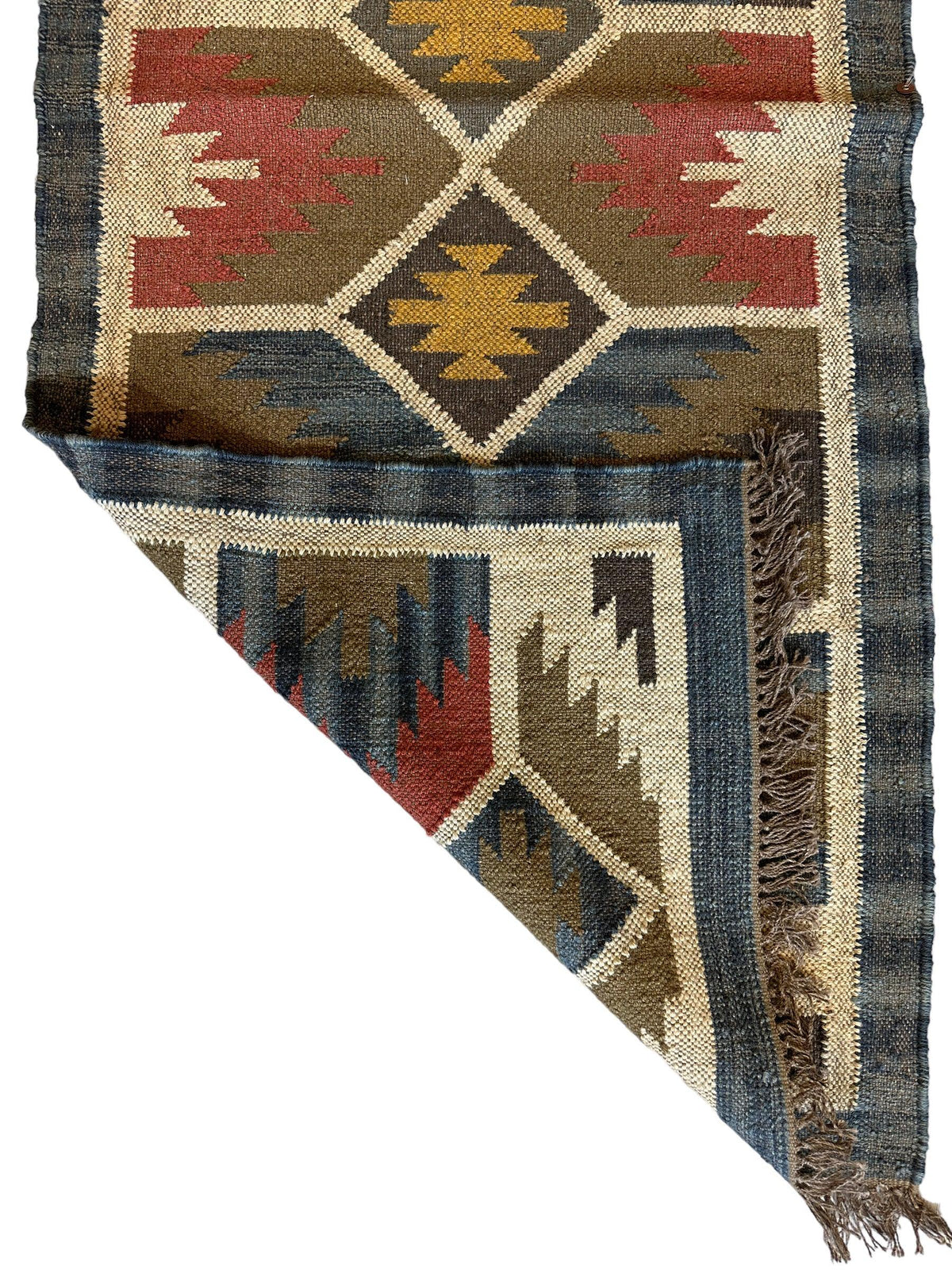 Indo-Turkish Kilim Runner 2'6" x 6', Hand-Woven, Blue, Brown & Cream, view 6