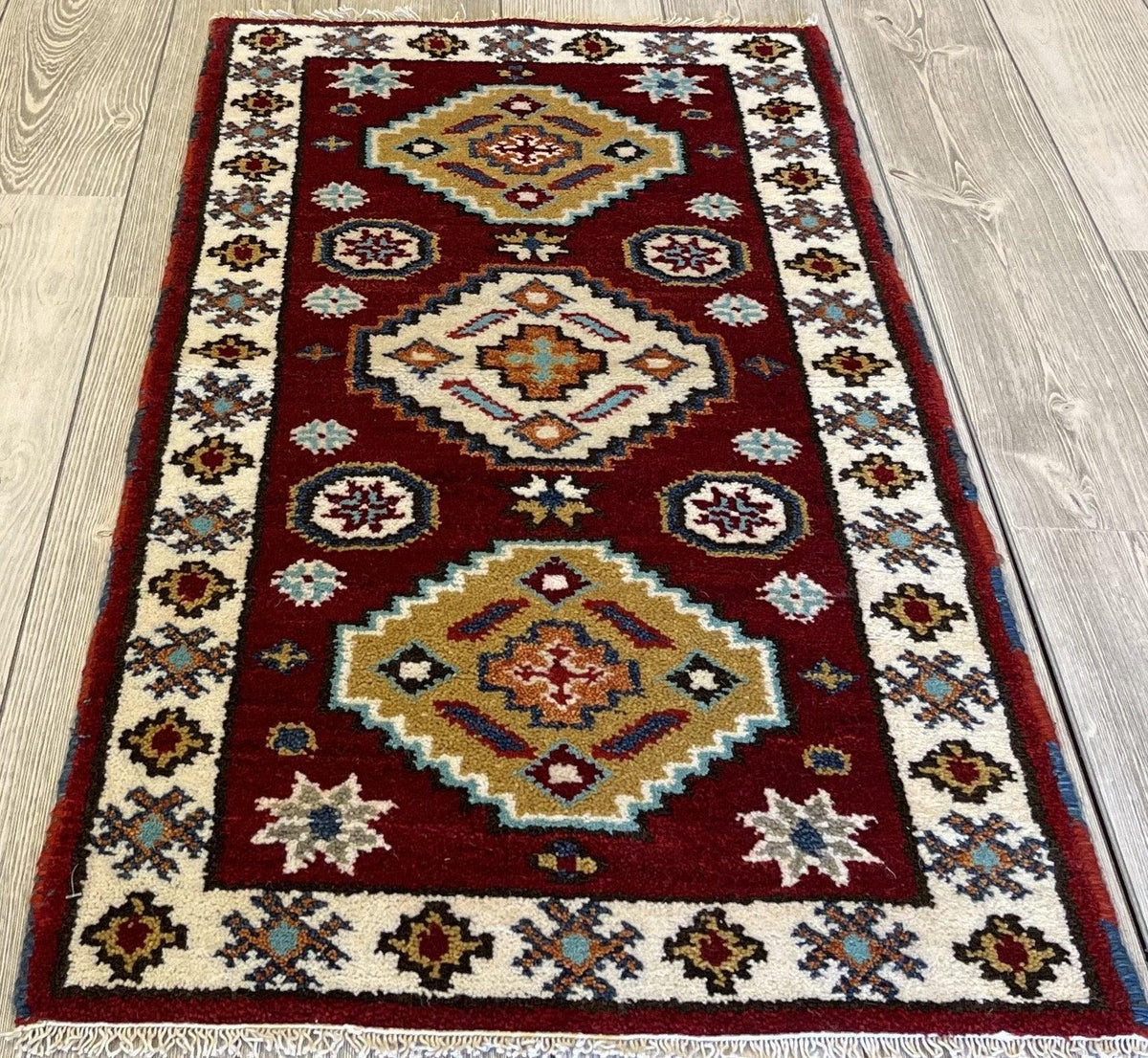 Indian Kazak Rug 2'1" x 4'1", Wool, Geometric, view 3