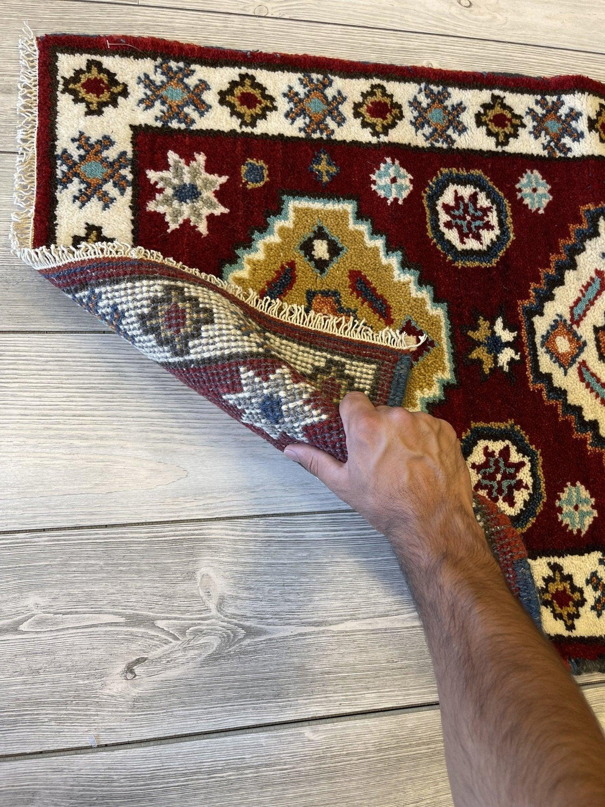 Indian Kazak Rug 2'1" x 4'1", Wool, Geometric, view 4