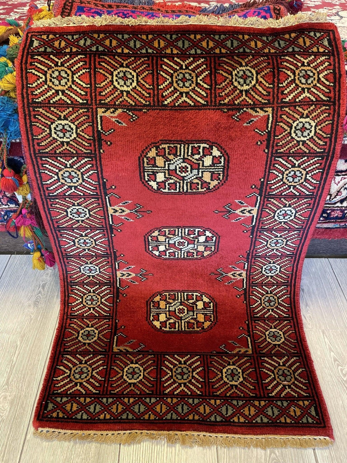 Afghan Bukhara Rug 24" x 36", Wool, Cream & Red