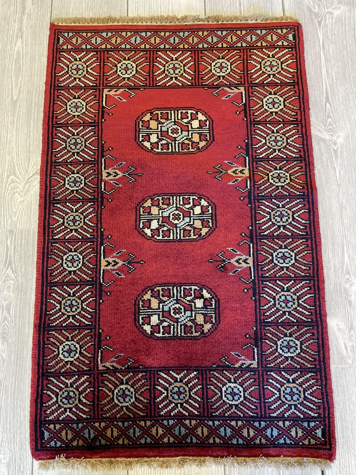 Afghan Bukhara Rug 24" x 36", Wool, Cream & Red, view 3