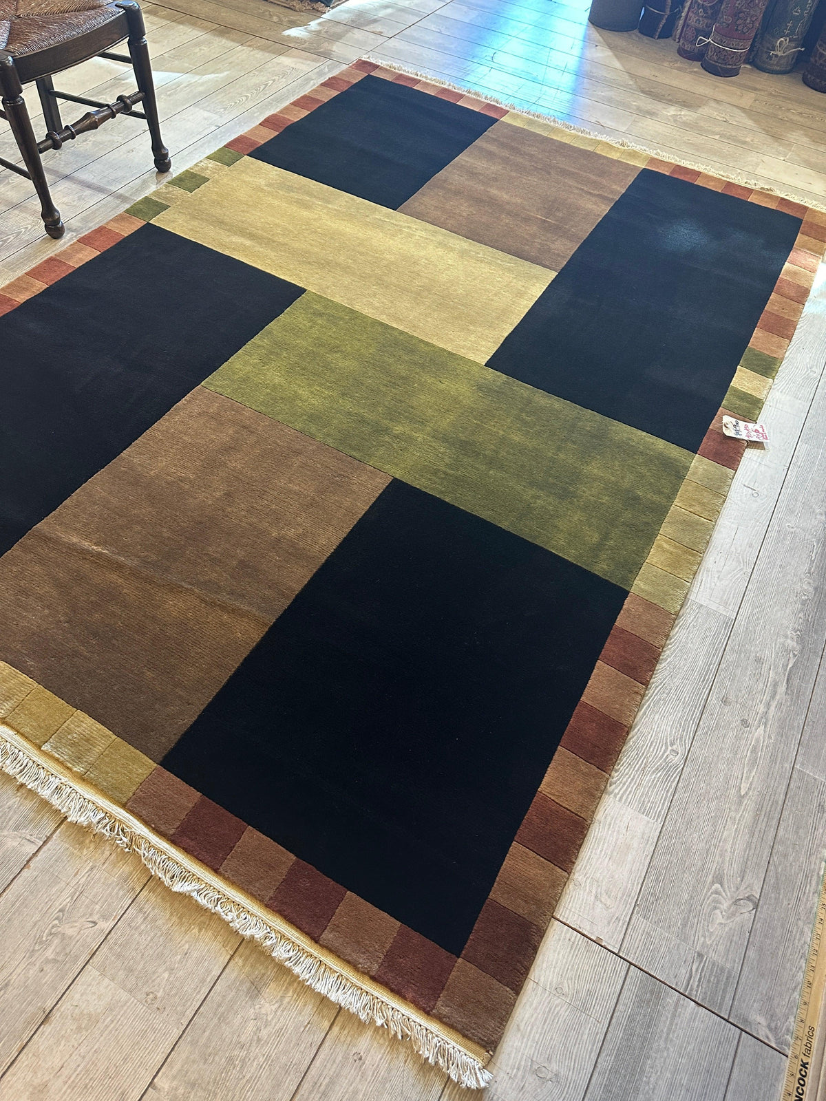 Indian Geometric Rug 6' x 9', Hand-Knotted Wool, Blue, Brown & Cream, view 2