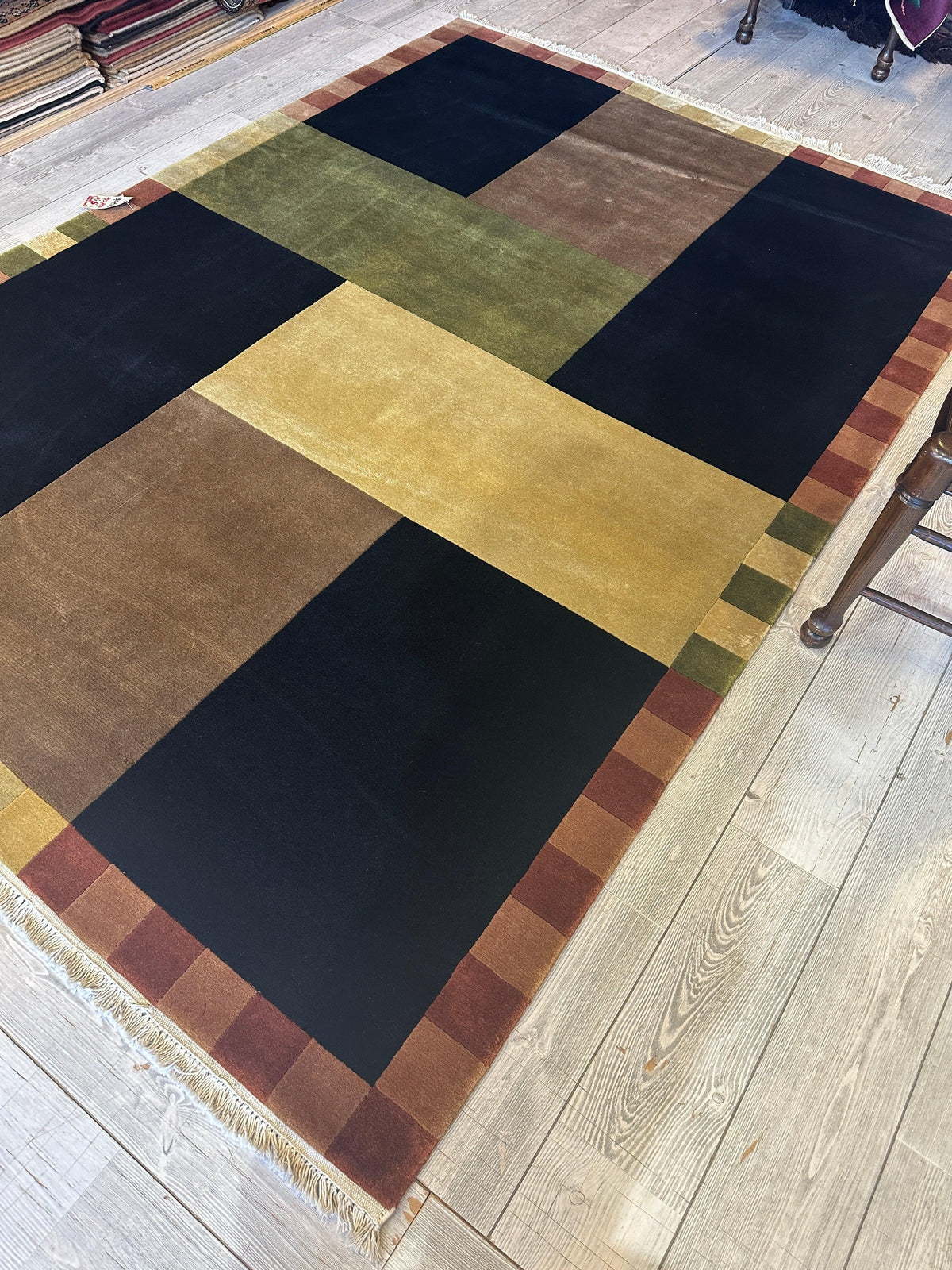 Indian Geometric Rug 6' x 9', Hand-Knotted Wool, Blue, Brown & Cream, view 3
