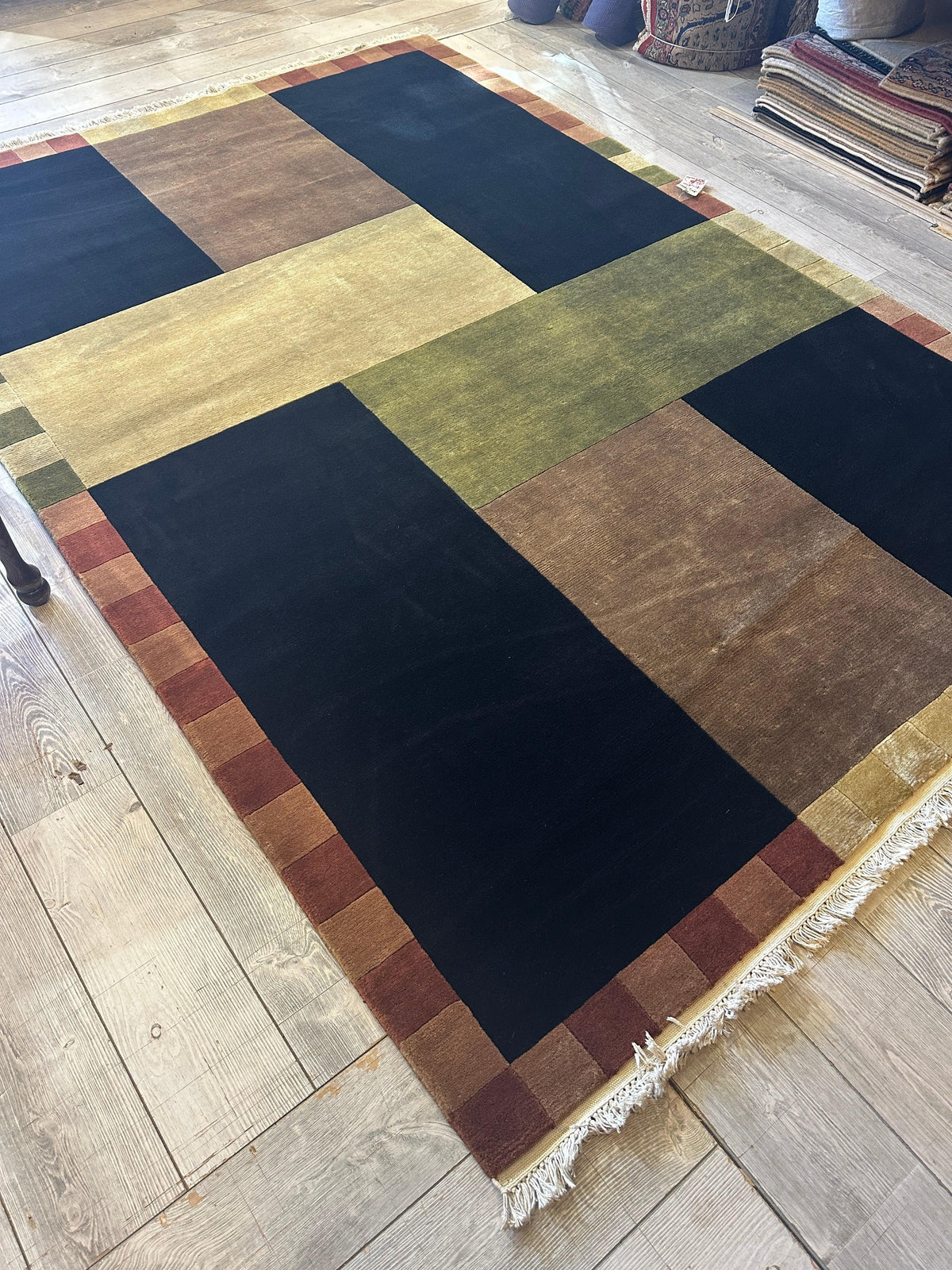 Indian Geometric Rug 6' x 9', Hand-Knotted Wool, Blue, Brown & Cream, view 4
