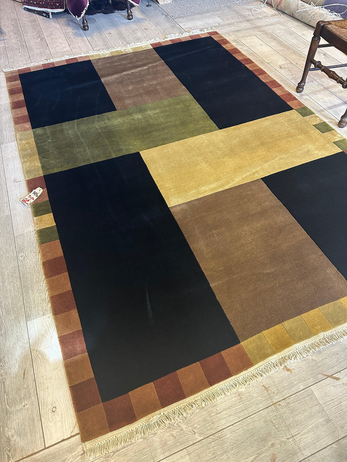 Indian Geometric Rug 6' x 9', Hand-Knotted Wool, Blue, Brown & Cream, view 5