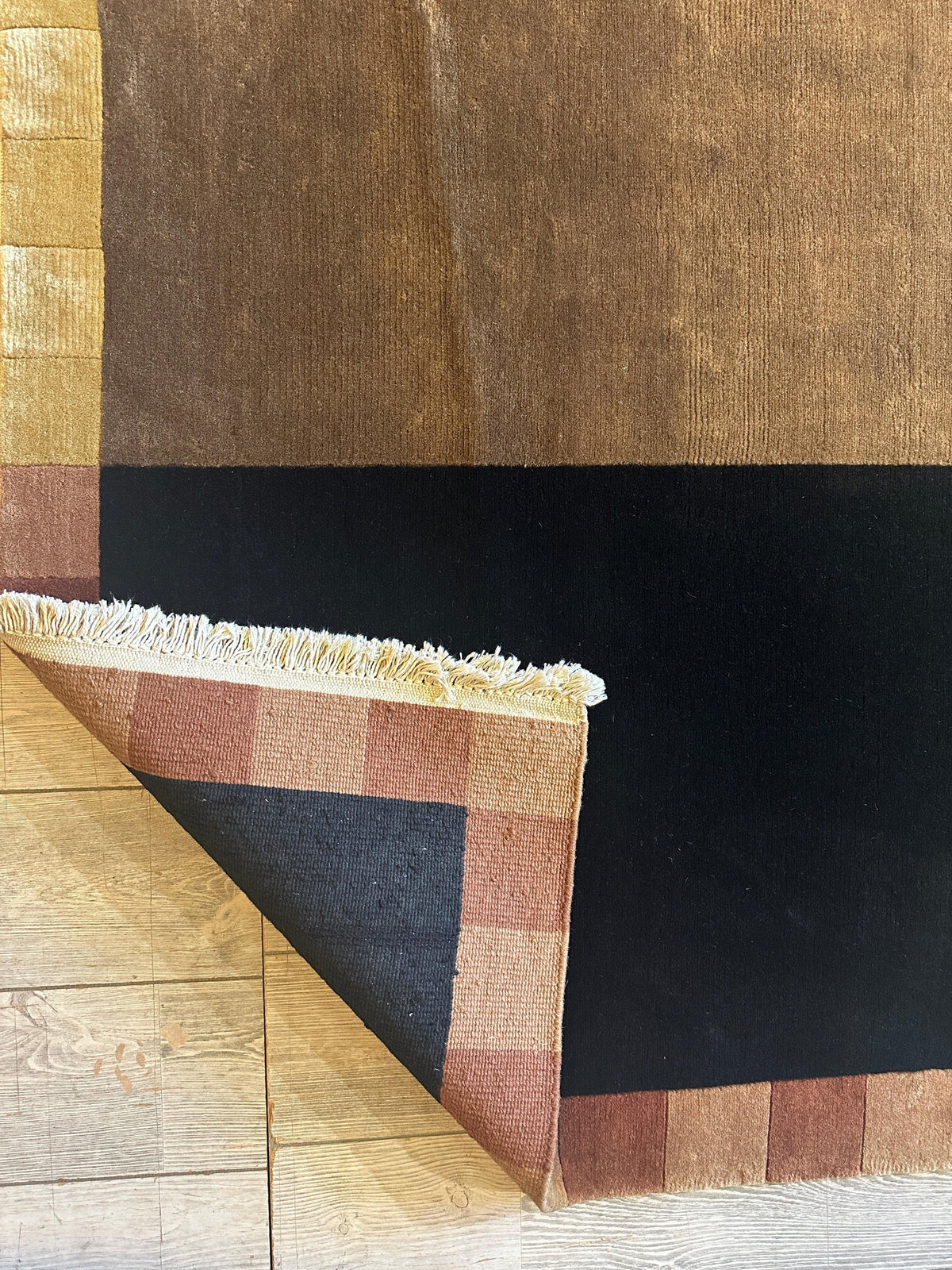 Indian Geometric Rug 6' x 9', Hand-Knotted Wool, Blue, Brown & Cream, view 6
