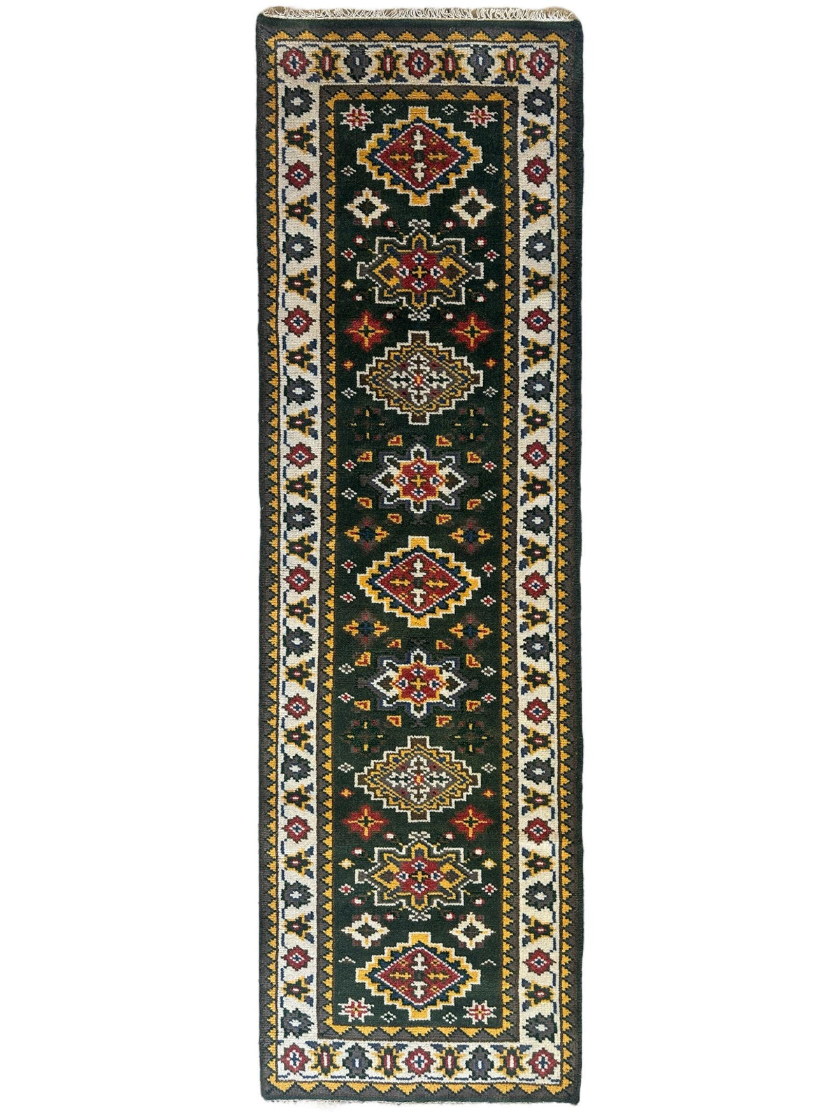Indo-Kazak Runner 2'6" x 8', Hand-Knotted Wool & Bamboo Silk, Blue