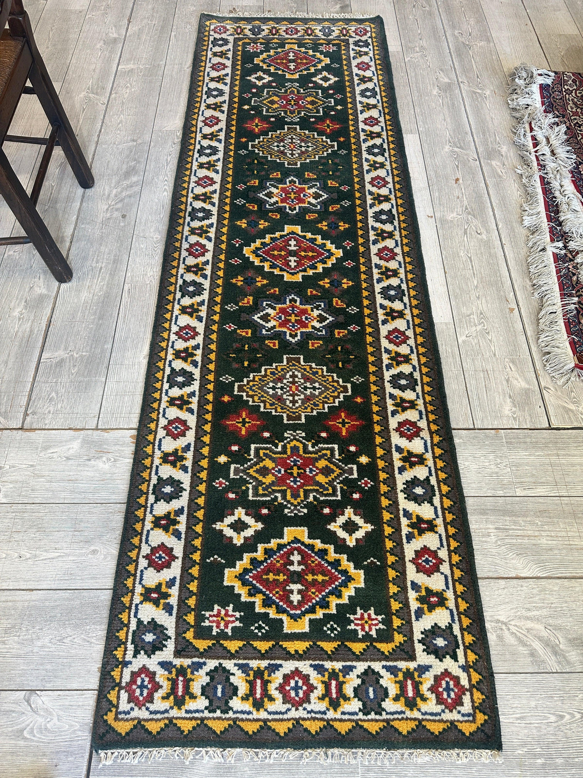 Indo-Kazak Runner 2'6" x 8', Hand-Knotted Wool & Bamboo Silk, Blue, view 2