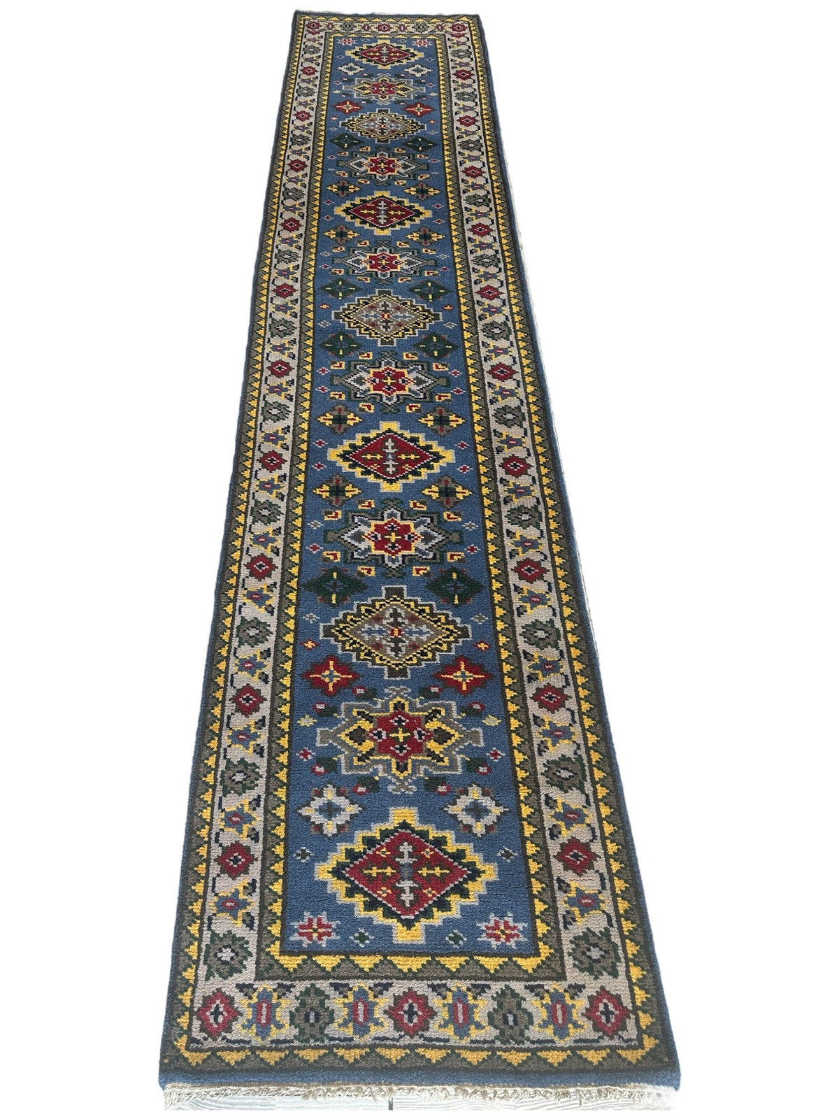 Indo-Kazak Runner 2'6" x 11'10", Hand-Knotted Wool & Bamboo Silk, Blue, view 2