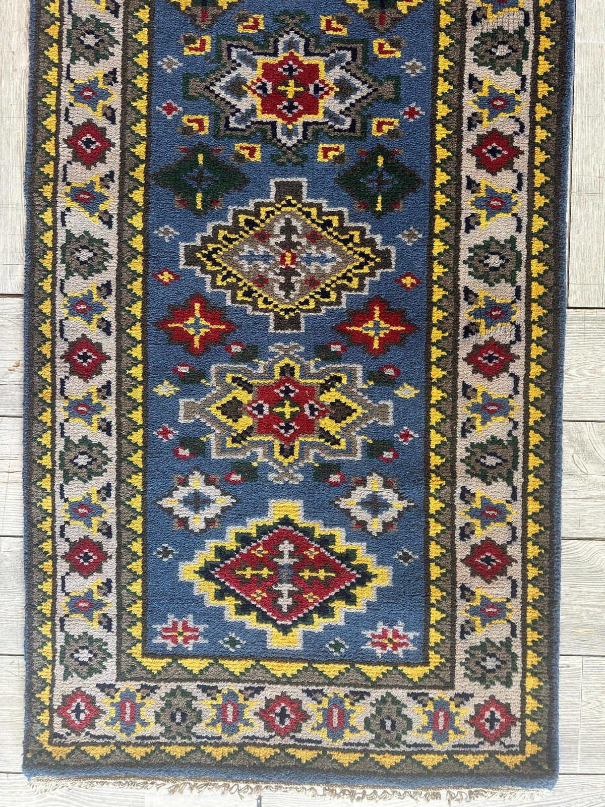 Indo-Kazak Runner 2'6" x 11'10", Hand-Knotted Wool & Bamboo Silk, Blue, view 3