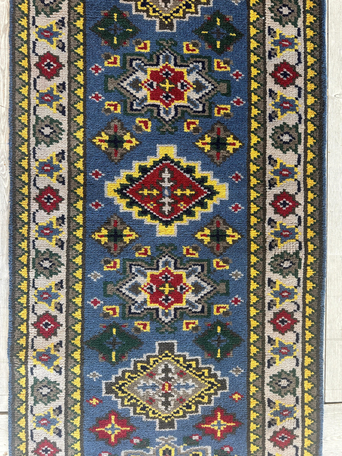 Indo-Kazak Runner 2'6" x 11'10", Hand-Knotted Wool & Bamboo Silk, Blue, view 4
