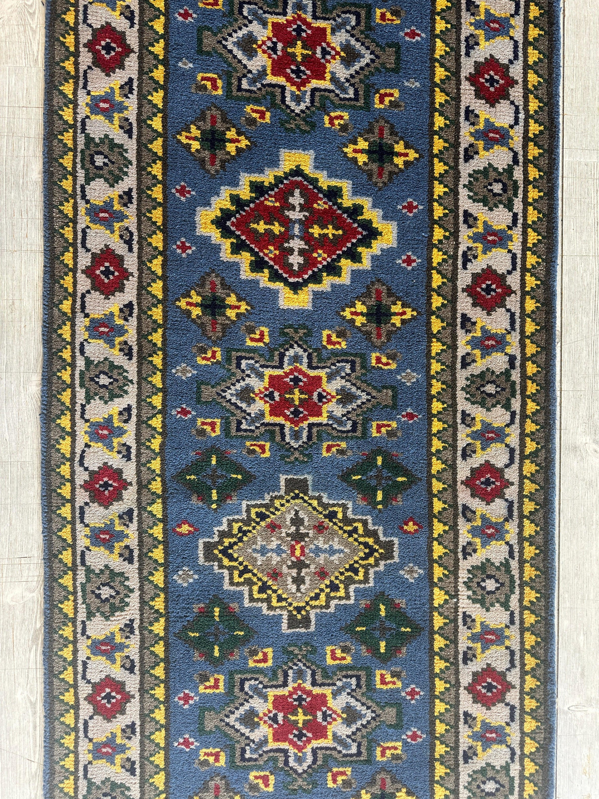 Indo-Kazak Runner 2'6" x 11'10", Hand-Knotted Wool & Bamboo Silk, Blue, view 5