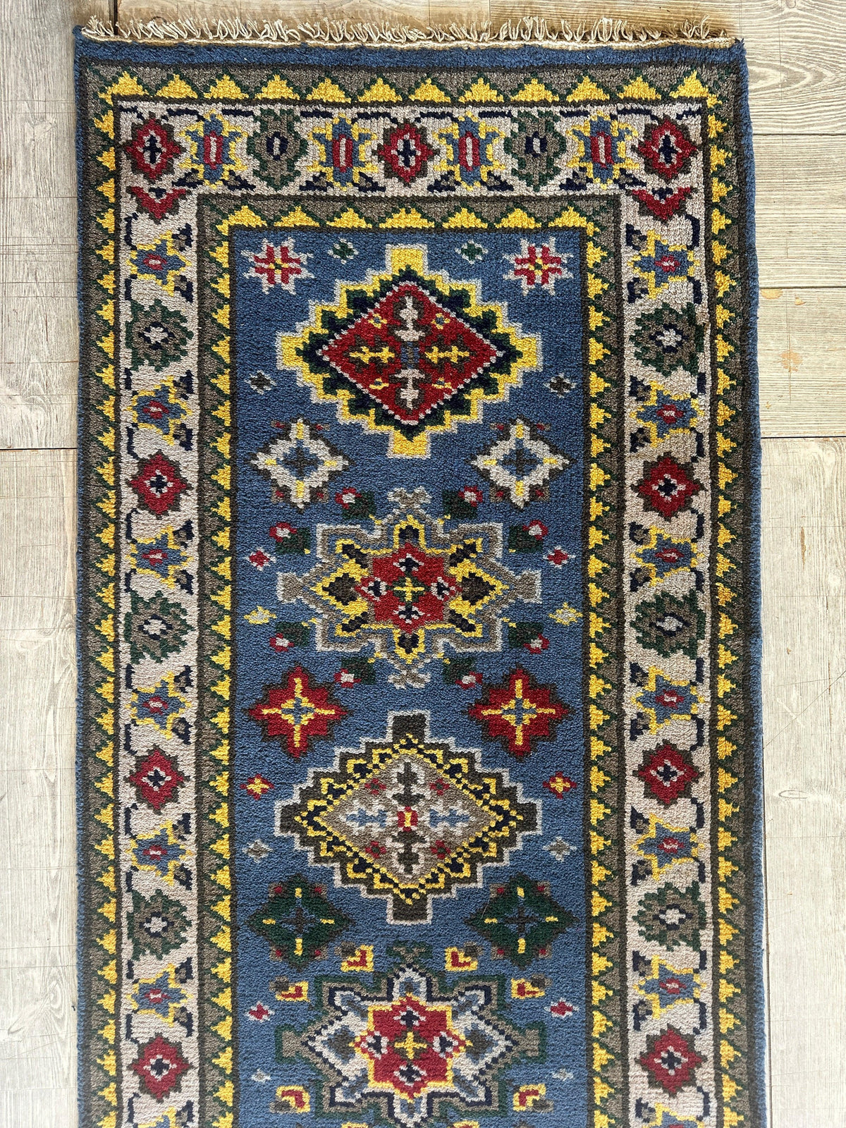 Indo-Kazak Runner 2'6" x 11'10", Hand-Knotted Wool & Bamboo Silk, Blue, view 6