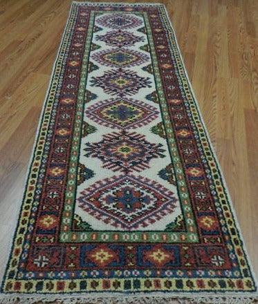 Indian Kazak Runner 2'6" x 8', Hand-Knotted Wool & Bamboo Silk, Blue
