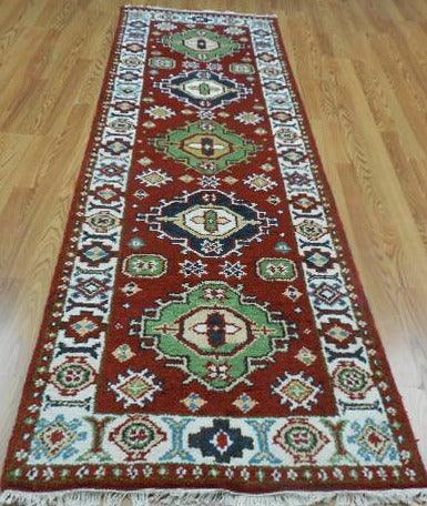 Indian Kazak Runner 2'8" x 8'3", Hand-Knotted Wool & Bamboo Silk, Blue