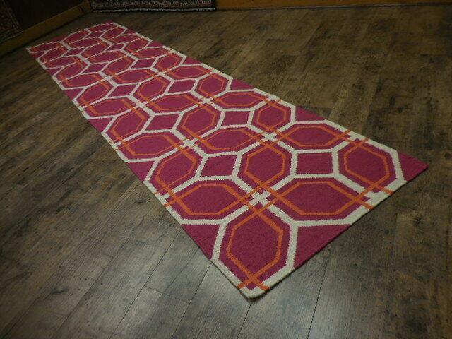 Indian Kilim Runner 2'7" x 10', Hand-Woven Wool, Orange, Red & Ivory, view 3