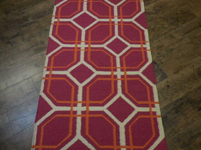 Indian Kilim Runner 2'7" x 10', Hand-Woven Wool, Orange, Red & Ivory, view 4