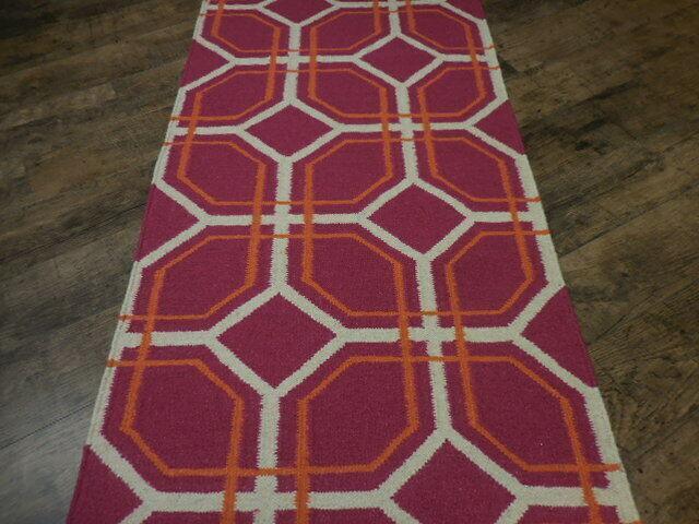 Indian Kilim Runner 2'7" x 10', Hand-Woven Wool, Orange, Red & Ivory, view 5