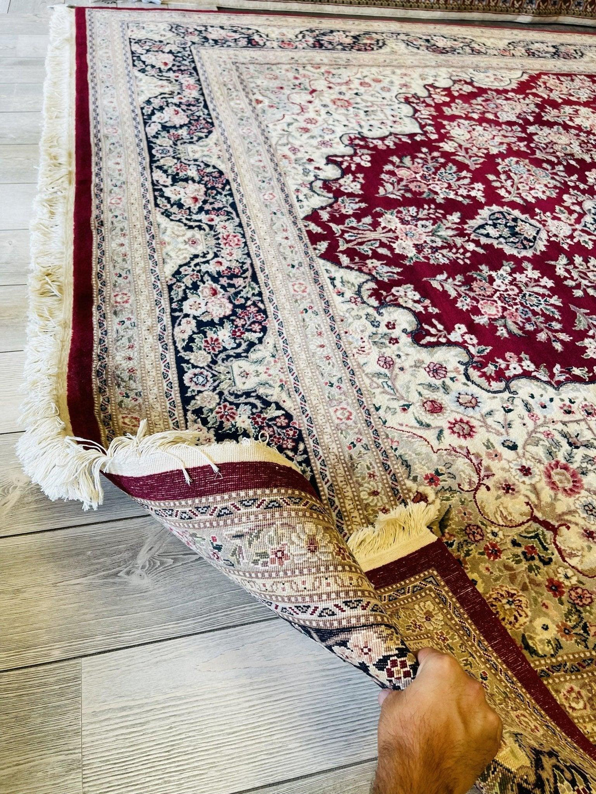Pakistani Chobi Rug 9x12, Red, Ivory & Navy, Hand-Knotted Wool, view 13