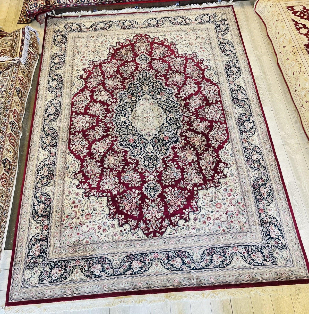 Pakistani Chobi Rug 9x12, Red, Ivory & Navy, Hand-Knotted Wool