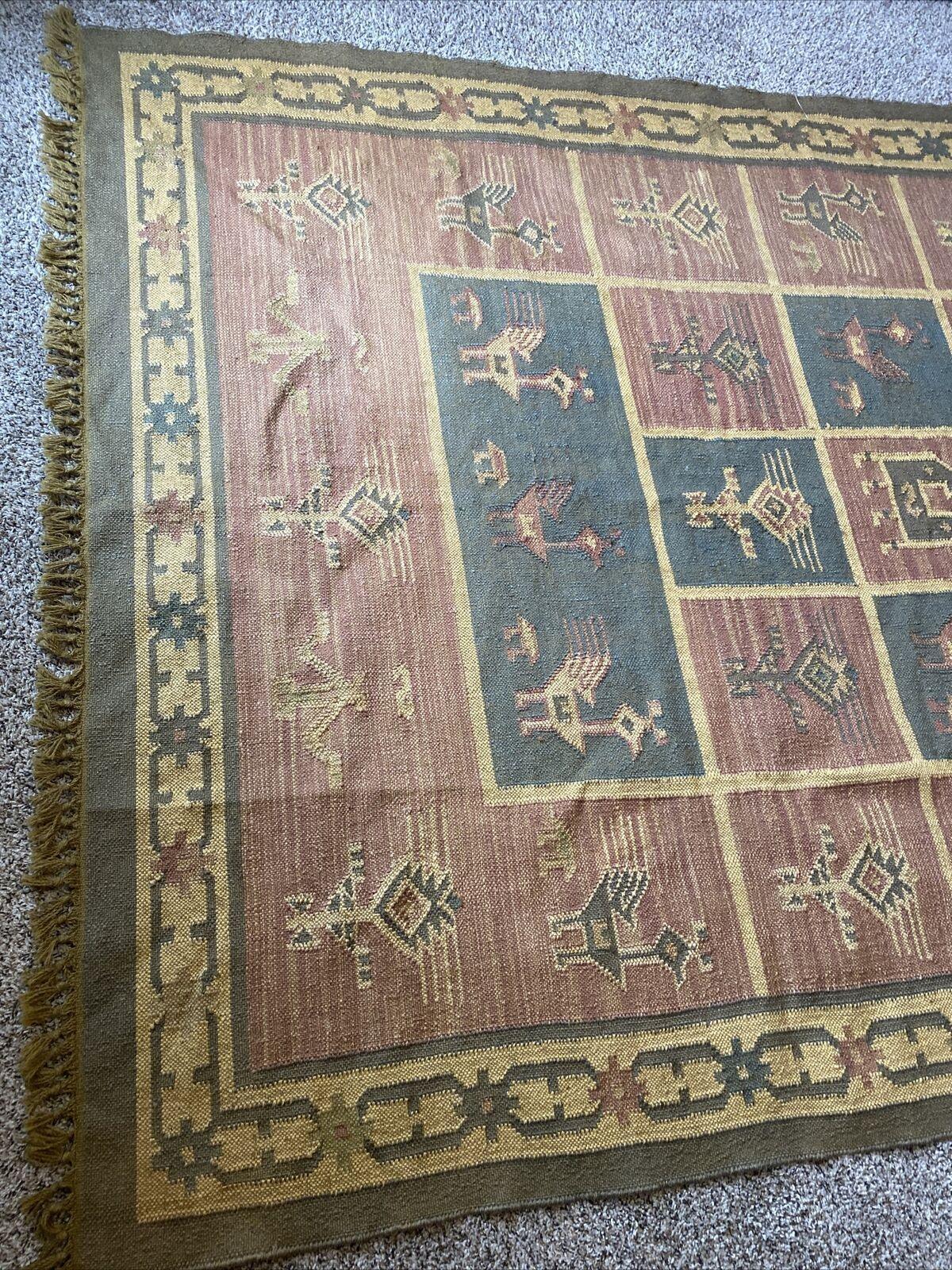 Indian Kilim Rug 6'5" x 9', Hand-Woven Wool, Beige, Blue & Cream, view 13