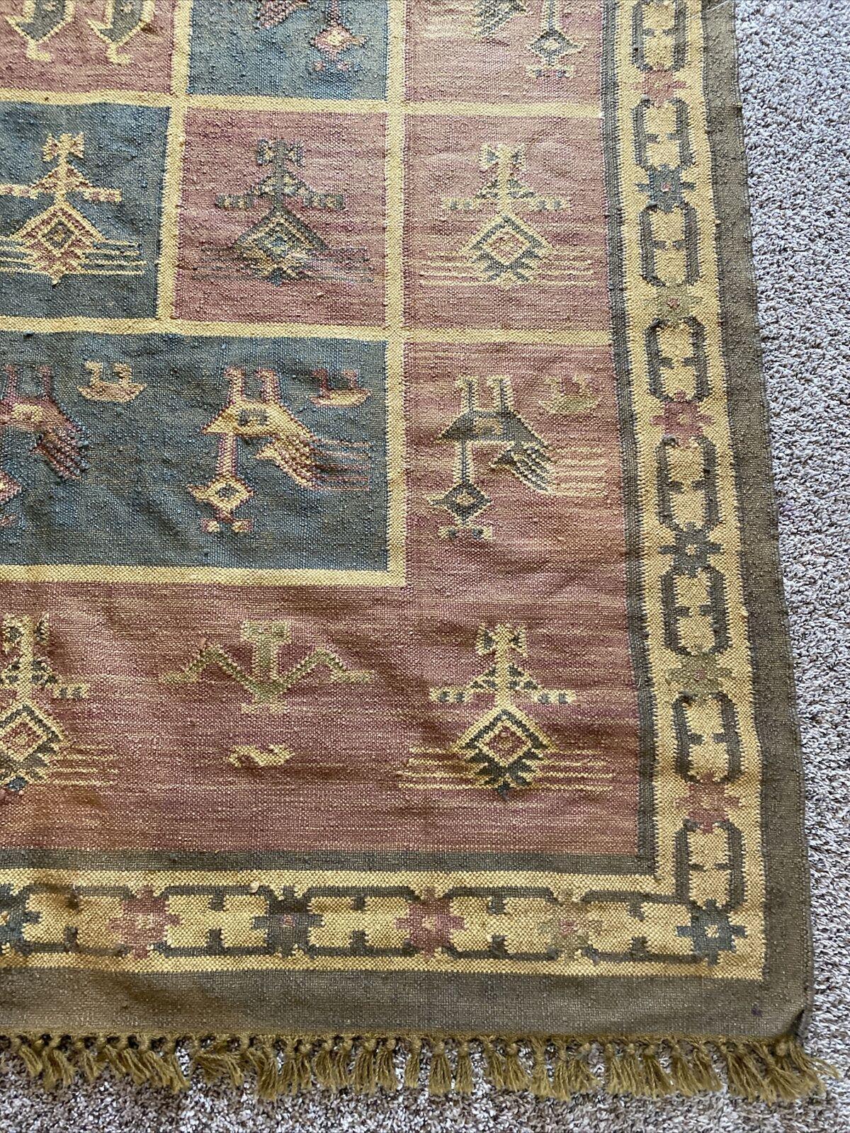 Indian Kilim Rug 6'5" x 9', Hand-Woven Wool, Beige, Blue & Cream, view 14