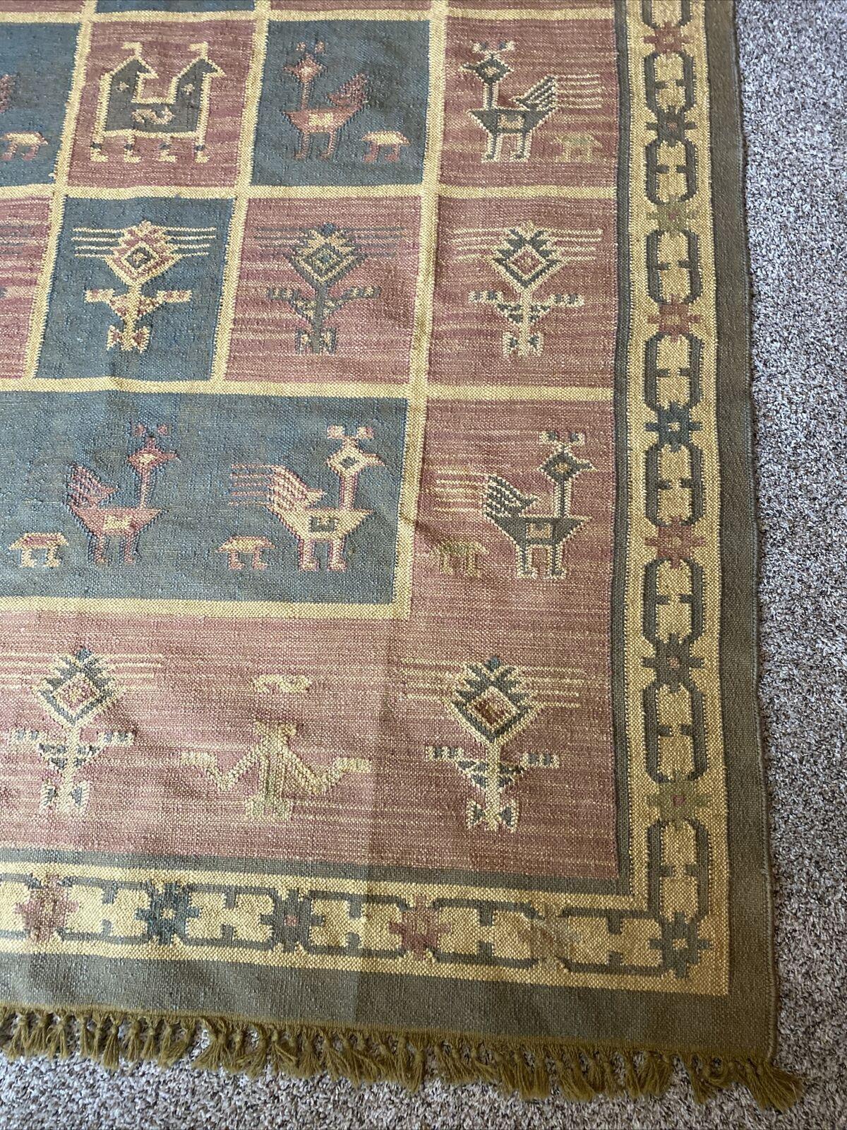Indian Kilim Rug 6'5" x 9', Hand-Woven Wool, Beige, Blue & Cream, view 6