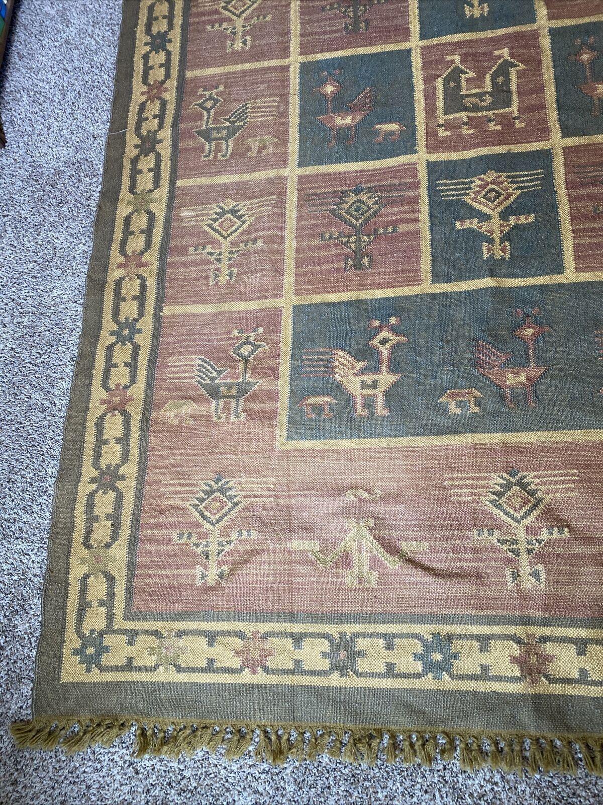 Indian Kilim Rug 6'5" x 9', Hand-Woven Wool, Beige, Blue & Cream, view 7