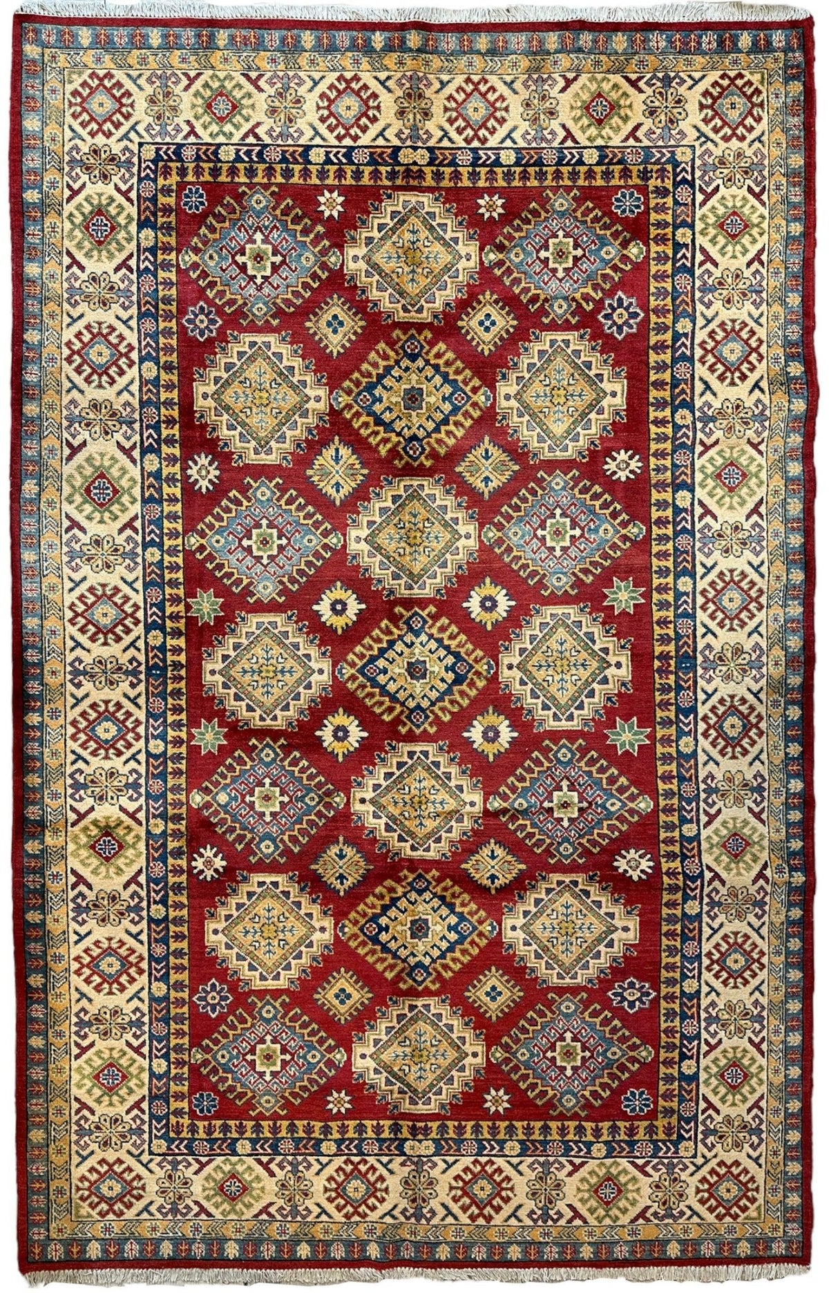 Afghan Kazak Stars Rug 7x10, Red, Ivory, Navy & Gold, Hand-Knotted Wool