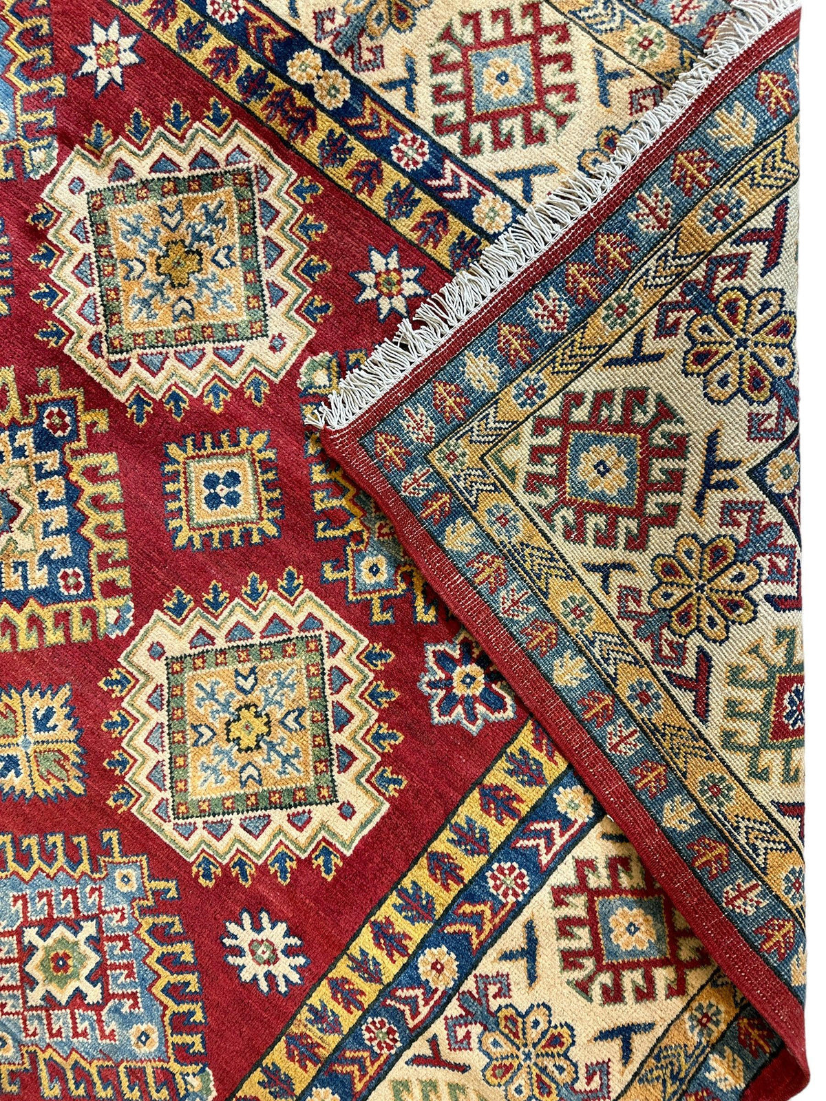 Afghan Kazak Stars Rug 7x10, Red, Ivory, Navy & Gold, Hand-Knotted Wool, view 10