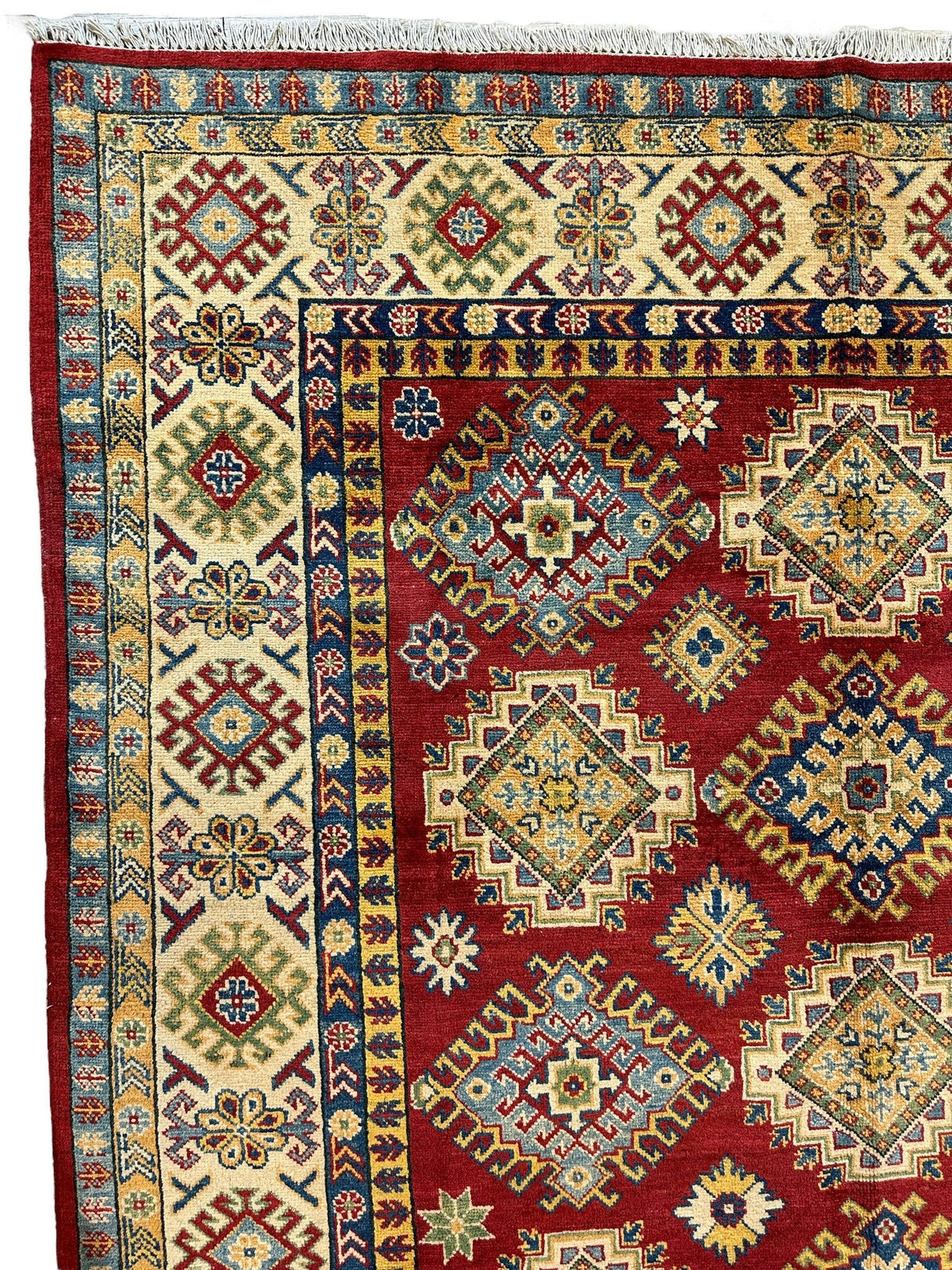 Afghan Kazak Stars Rug 7x10, Red, Ivory, Navy & Gold, Hand-Knotted Wool, view 3