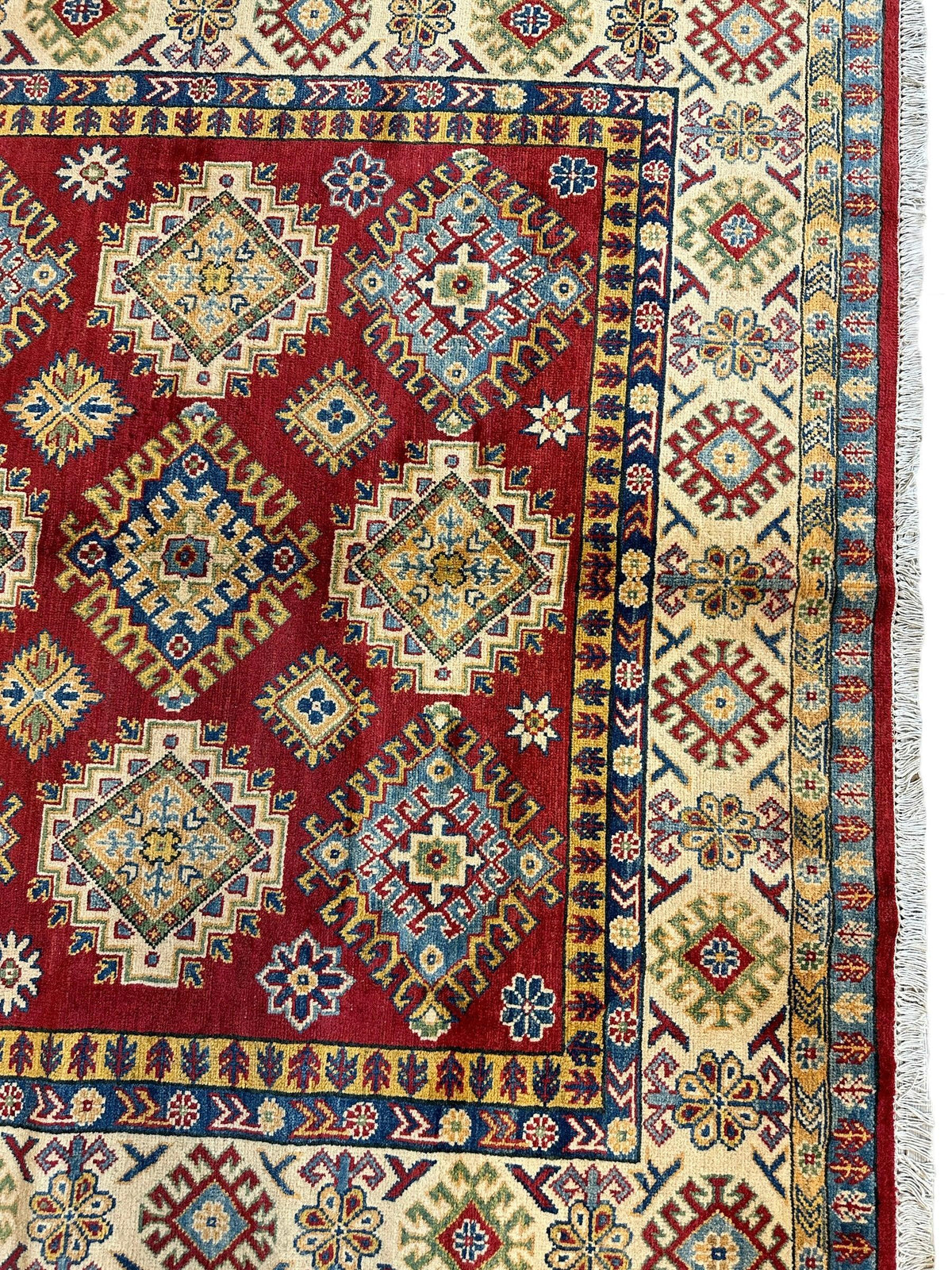 Afghan Kazak Stars Rug 7x10, Red, Ivory, Navy & Gold, Hand-Knotted Wool, view 4