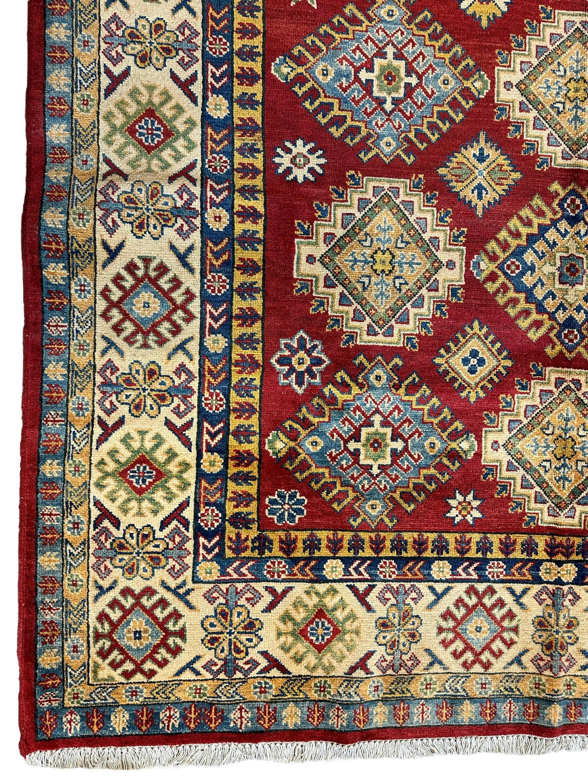 Afghan Kazak Stars Rug 7x10, Red, Ivory, Navy & Gold, Hand-Knotted Wool, view 5