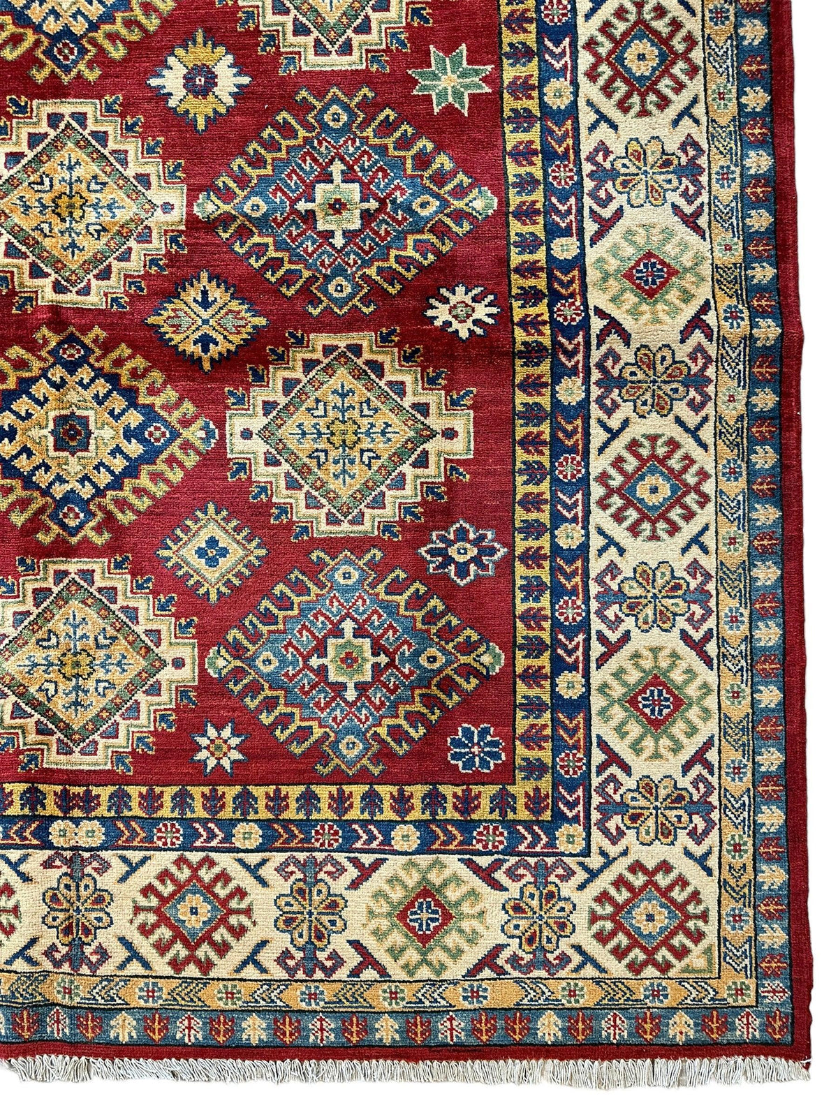 Afghan Kazak Stars Rug 7x10, Red, Ivory, Navy & Gold, Hand-Knotted Wool, view 6
