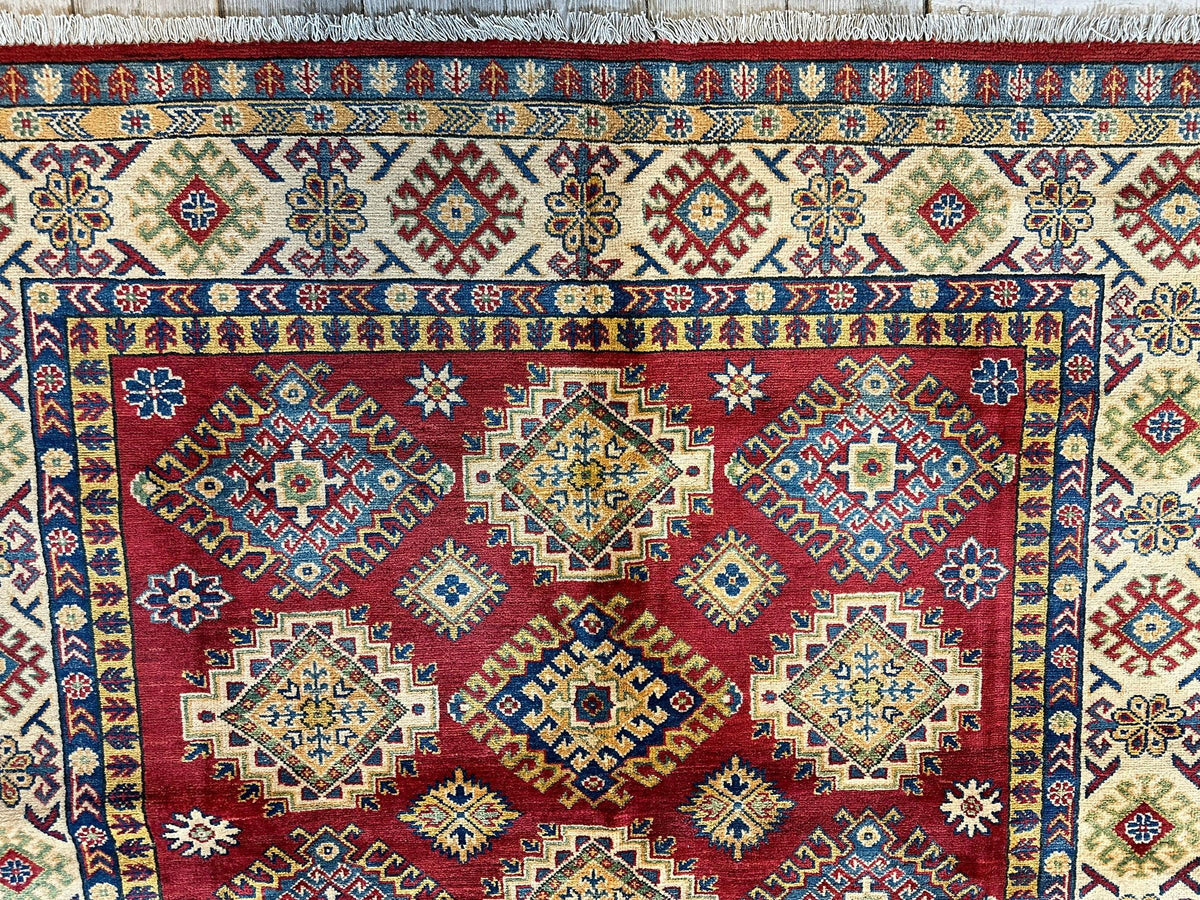 Afghan Kazak Stars Rug 7x10, Red, Ivory, Navy & Gold, Hand-Knotted Wool, view 7