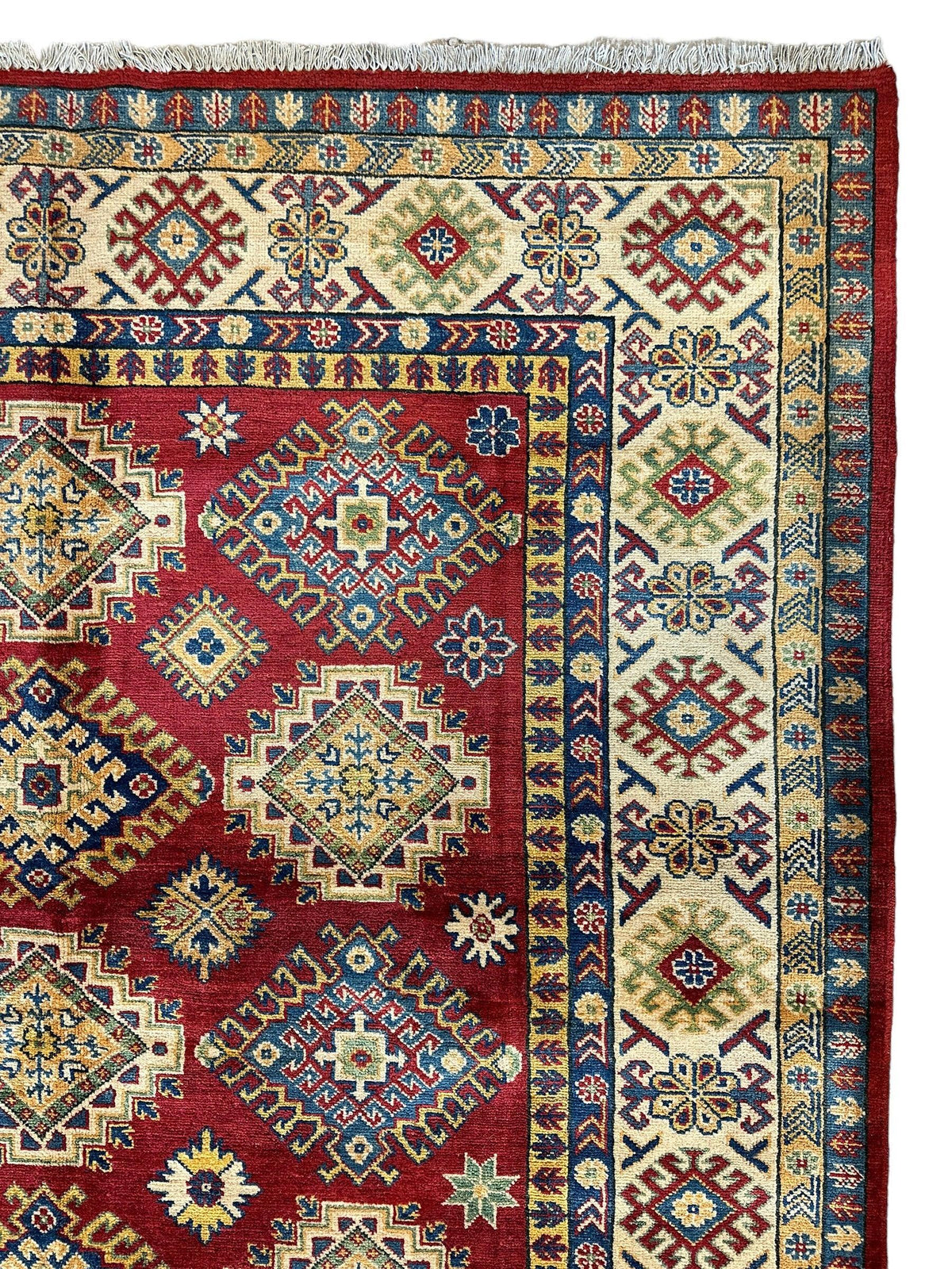Afghan Kazak Stars Rug 7x10, Red, Ivory, Navy & Gold, Hand-Knotted Wool, view 8