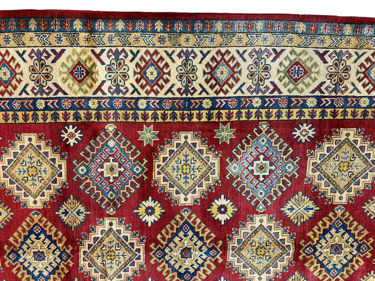 Afghan Kazak Stars Rug 7x10, Red, Ivory, Navy & Gold, Hand-Knotted Wool, view 9