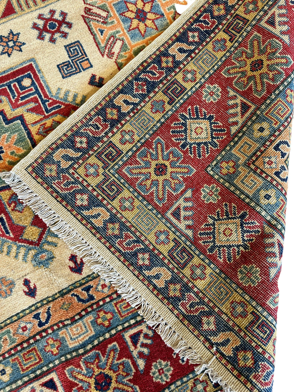 Afghan Kazak Rug 6'6" x 9'9", Hand-Knotted Wool, Cream, view 10