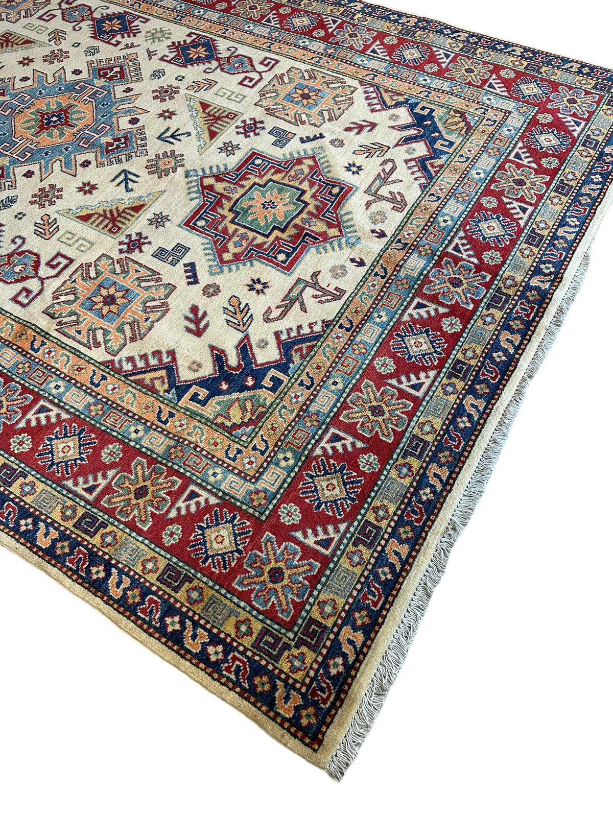 Afghan Kazak Rug 6'6" x 9'9", Hand-Knotted Wool, Cream, view 3