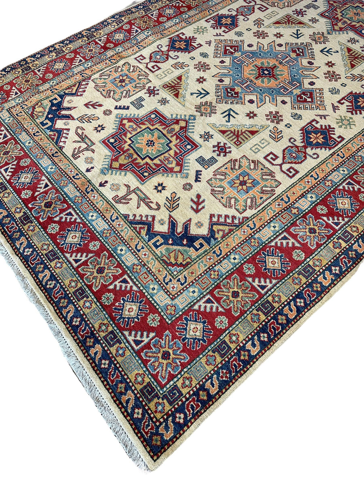 Afghan Kazak Rug 6'6" x 9'9", Hand-Knotted Wool, Cream, view 4