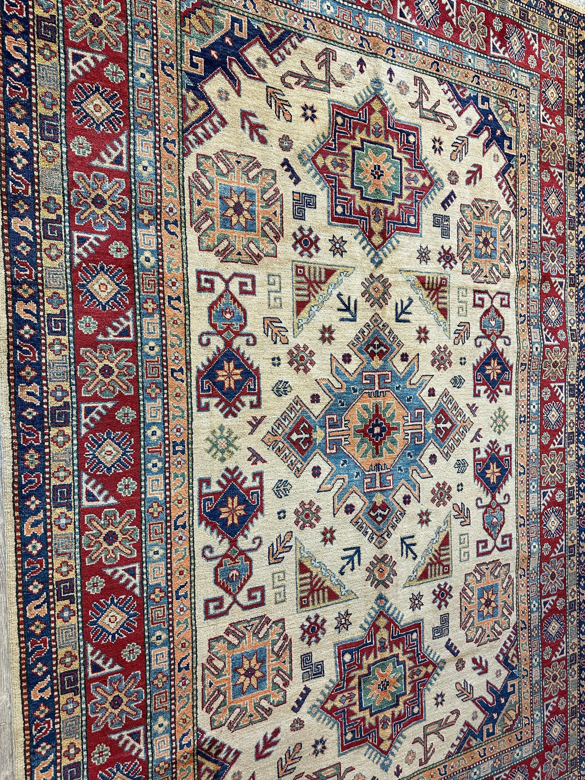 Afghan Kazak Rug 6'6" x 9'9", Hand-Knotted Wool, Cream, view 5