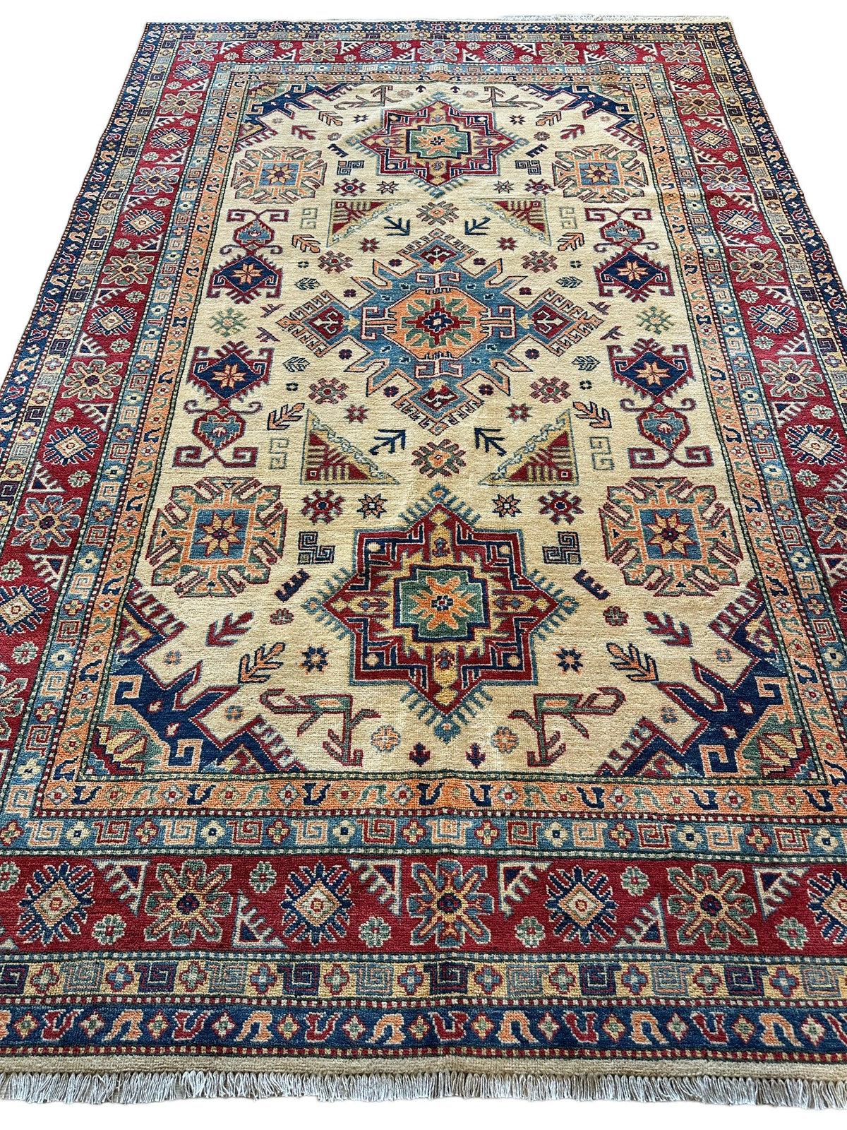 Afghan Kazak Rug 6'6" x 9'9", Hand-Knotted Wool, Cream, view 6