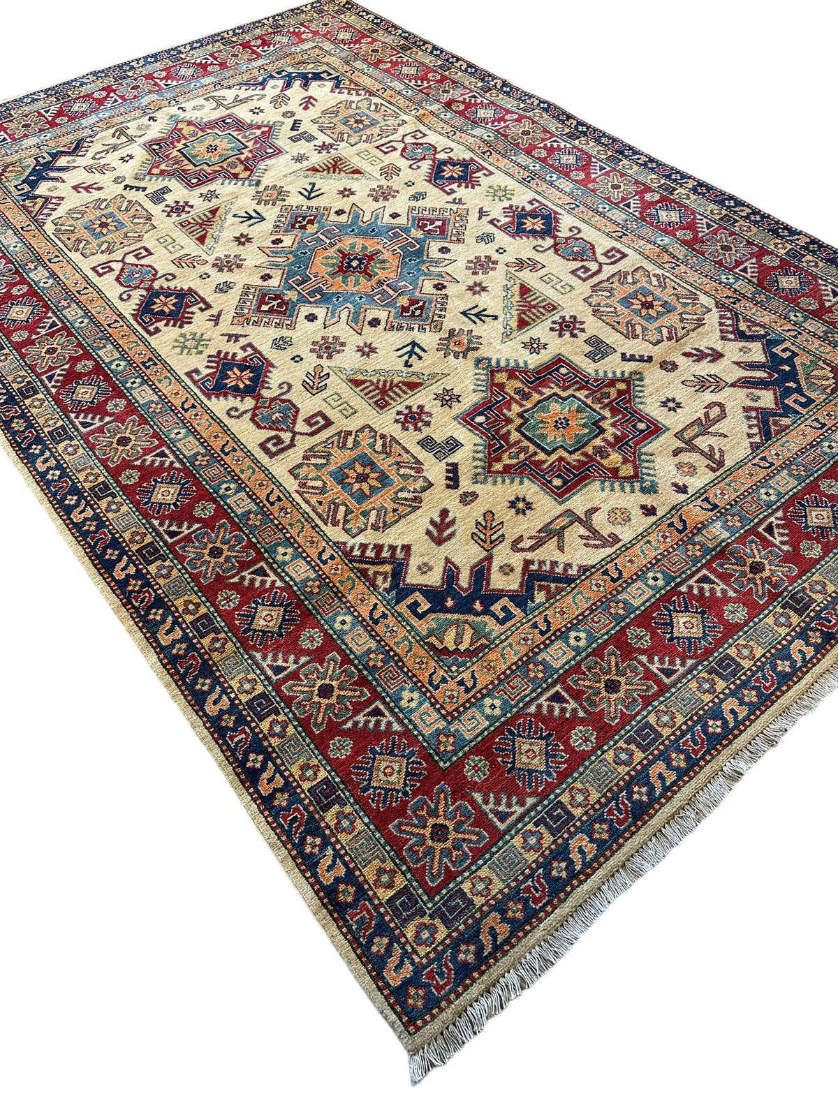 Afghan Kazak Rug 6'6" x 9'9", Hand-Knotted Wool, Cream, view 7