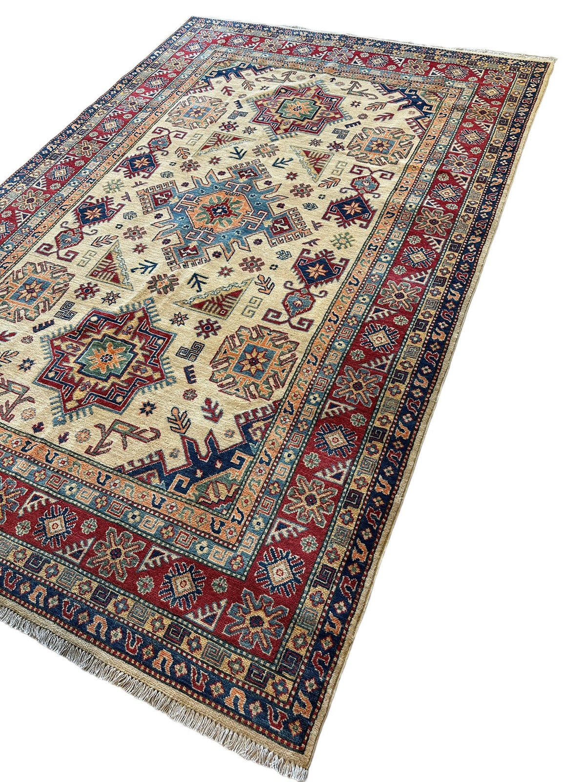 Afghan Kazak Rug 6'6" x 9'9", Hand-Knotted Wool, Cream, view 8