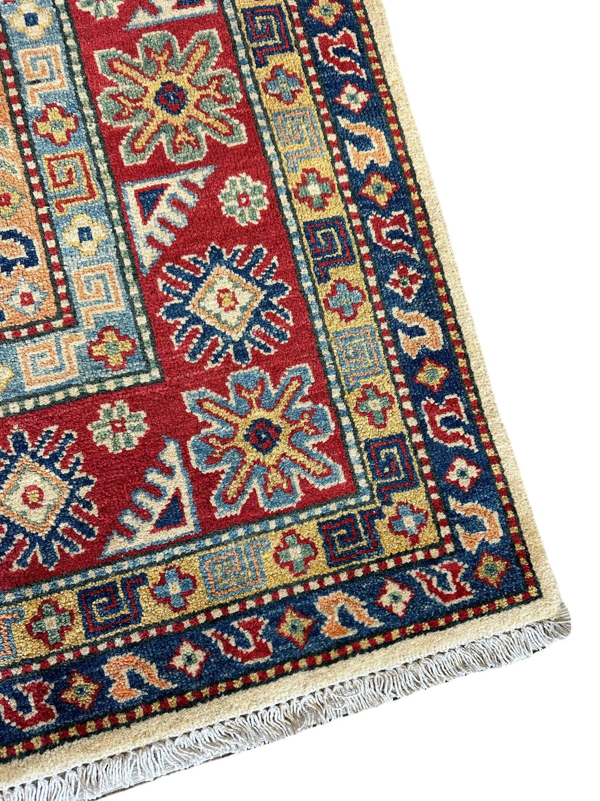 Afghan Kazak Rug 6'6" x 9'9", Hand-Knotted Wool, Cream, view 9