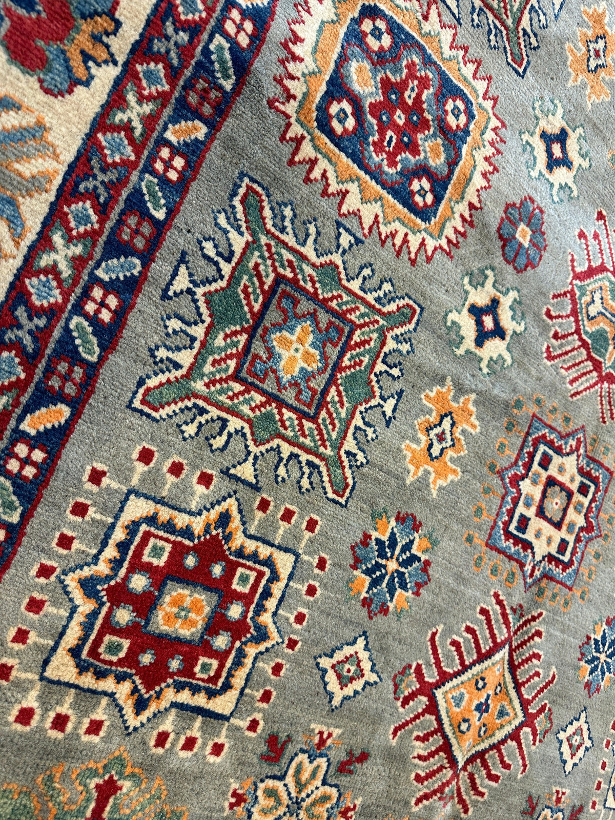 Afghan Kazak Stars Rug 5x7, Green, Ivory, Red & Gold, Hand-Knotted Wool, view 2