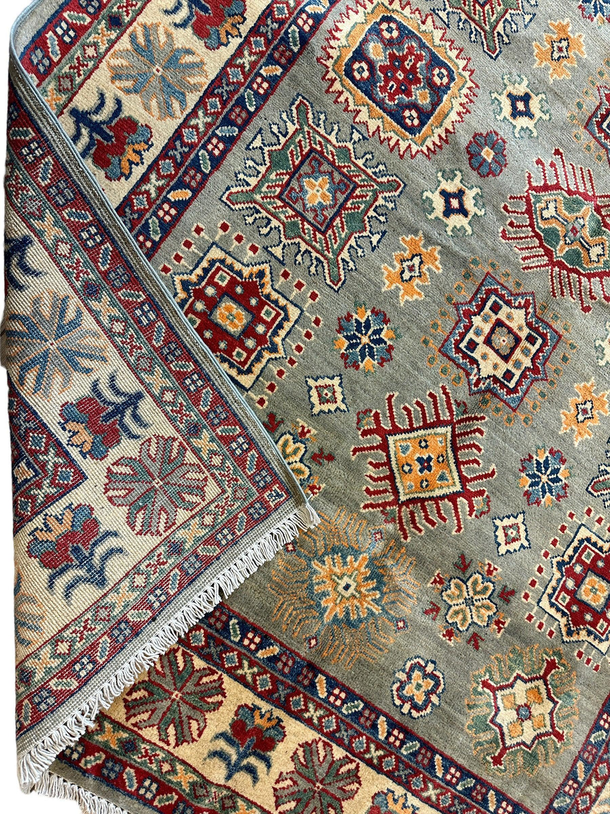 Afghan Kazak Stars Rug 5x7, Green, Ivory, Red & Gold, Hand-Knotted Wool, view 3
