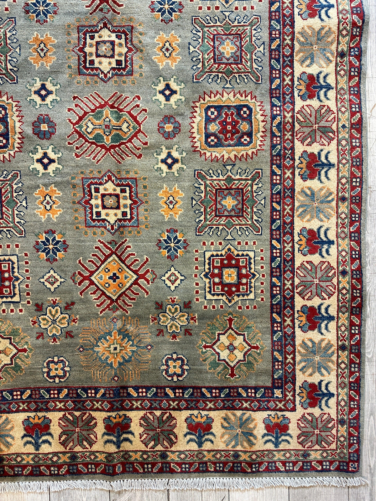 Afghan Kazak Stars Rug 5x7, Green, Ivory, Red & Gold, Hand-Knotted Wool, view 4