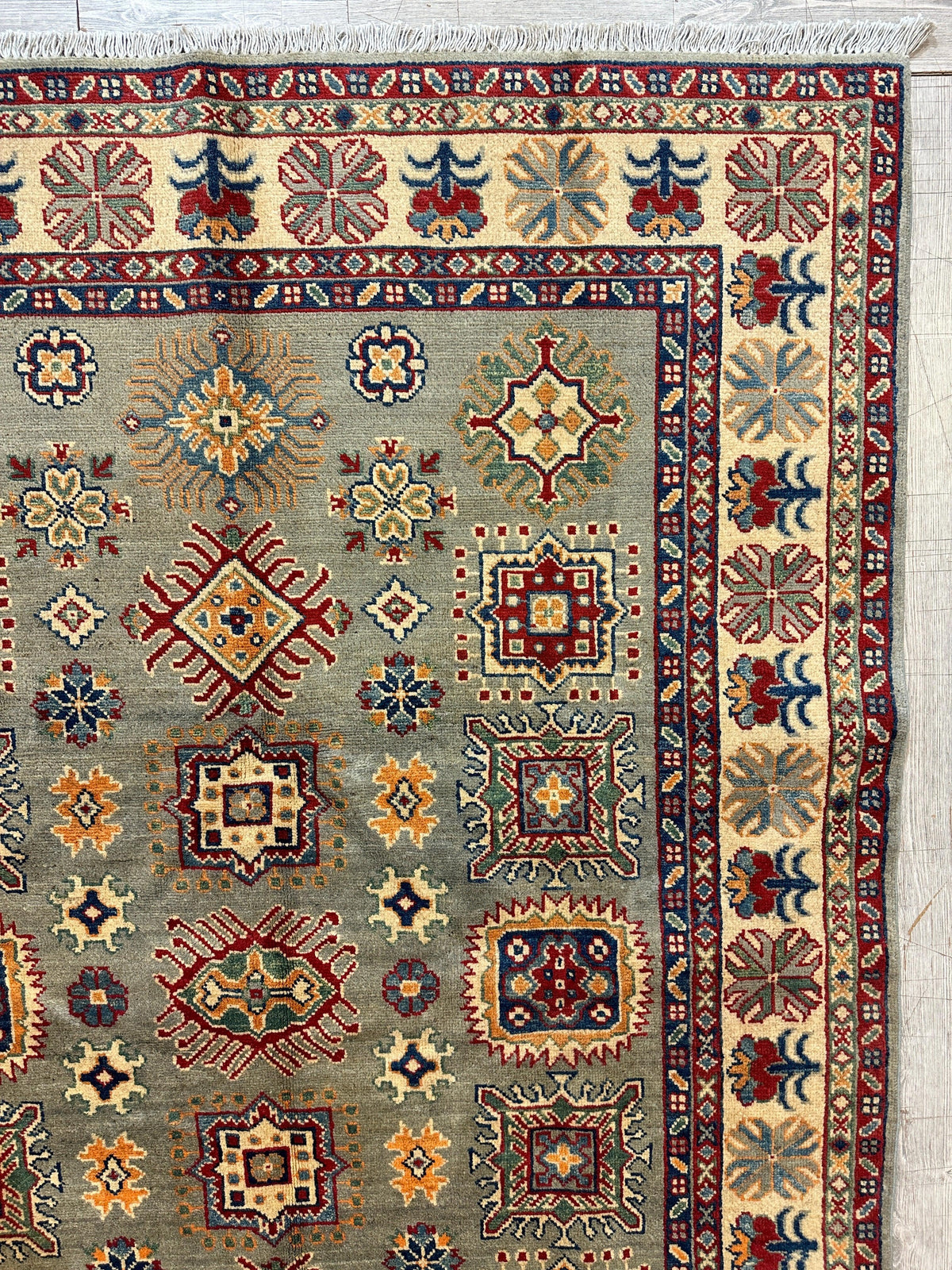 Afghan Kazak Stars Rug 5x7, Green, Ivory, Red & Gold, Hand-Knotted Wool, view 5