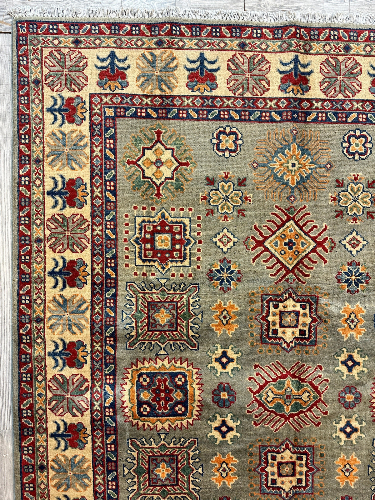 Afghan Kazak Stars Rug 5x7, Green, Ivory, Red & Gold, Hand-Knotted Wool, view 6